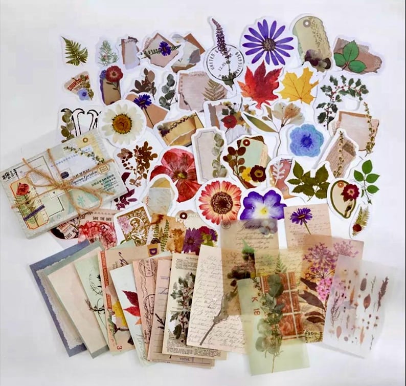 Pode incluir: Uma cole&ccedil;&atilde;o de adesivos e ef&ecirc;meros florais e bot&acirc;nicos de estilo vintage. Os adesivos apresentam flores prensadas, folhas e outros elementos naturais. Os ef&ecirc;meros incluem postais antigos, cartas e outros ef&ecirc;meros de papel. Os adesivos e os ef&ecirc;meros s&atilde;o perfeitos para scrapbooking, journaling e outros projetos de artesanato.