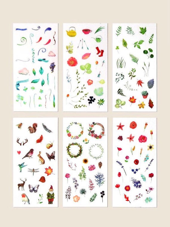 6 Sheets/pack Cartoon Cat Cute Stickers Botanical Stickers Washi