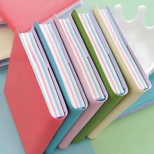 May include: Six small notebooks with colourful covers and striped pages. The notebooks are stacked on top of each other, with the pink notebook on top.