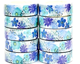 Blue Floral Washi Tape - 15mm x 10M - Bullet Journal Supplies - Craft Supplies - Scrapbook Tape - Flower Washi Tape - Junk Journal Supplies