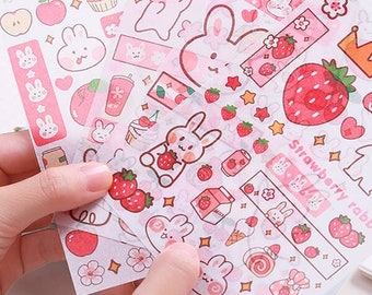 Kawaii Rabbit Stickers - 4 Sheets Bunny Stickers - Scrapbook Supplies - Journal Supplies - Cartoon Washi Stickers - Aesthetic Stickers