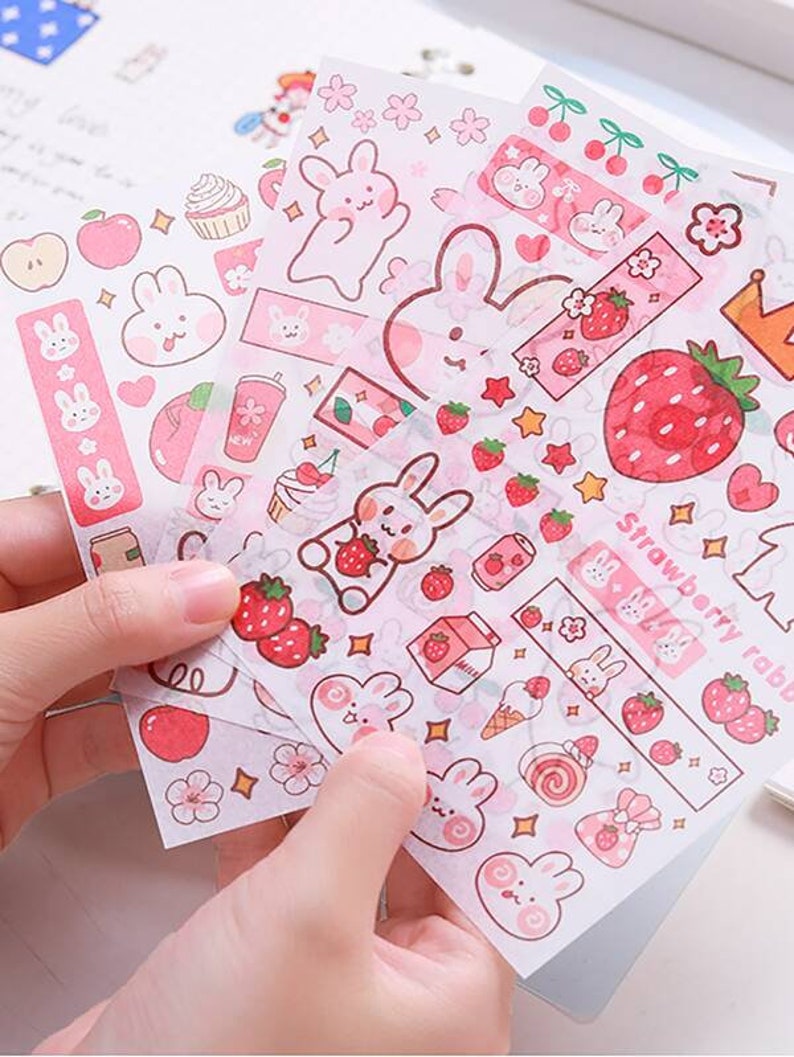 Kawaii Rabbit Stickers - 4 Sheets Bunny Stickers - Scrapbook Supplies - Journal Supplies - Cartoon Washi Stickers - Aesthetic Stickers 