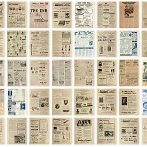 Może przedstawiać: Kolaż z wycink&oacute;w z gazet i reklam z epoki. Wycinki obejmują r&oacute;żne tematy, w tym wiadomości, produkty i usługi. Niekt&oacute;re reklamy zawierają zdjęcia produkt&oacute;w, takich jak kawa, papierosy i odzież.