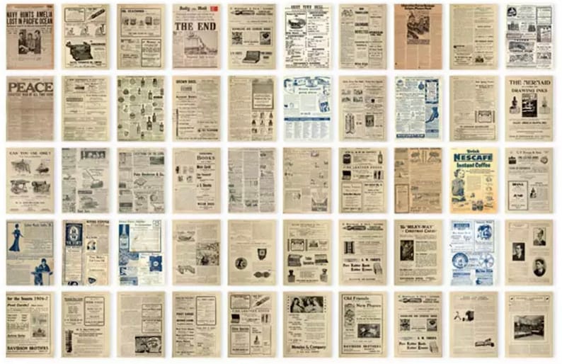 Może przedstawiać: Kolaż z wycink&oacute;w z gazet i reklam z epoki. Wycinki obejmują r&oacute;żne tematy, w tym wiadomości, produkty i usługi. Niekt&oacute;re reklamy zawierają zdjęcia produkt&oacute;w, takich jak kawa, papierosy i odzież.