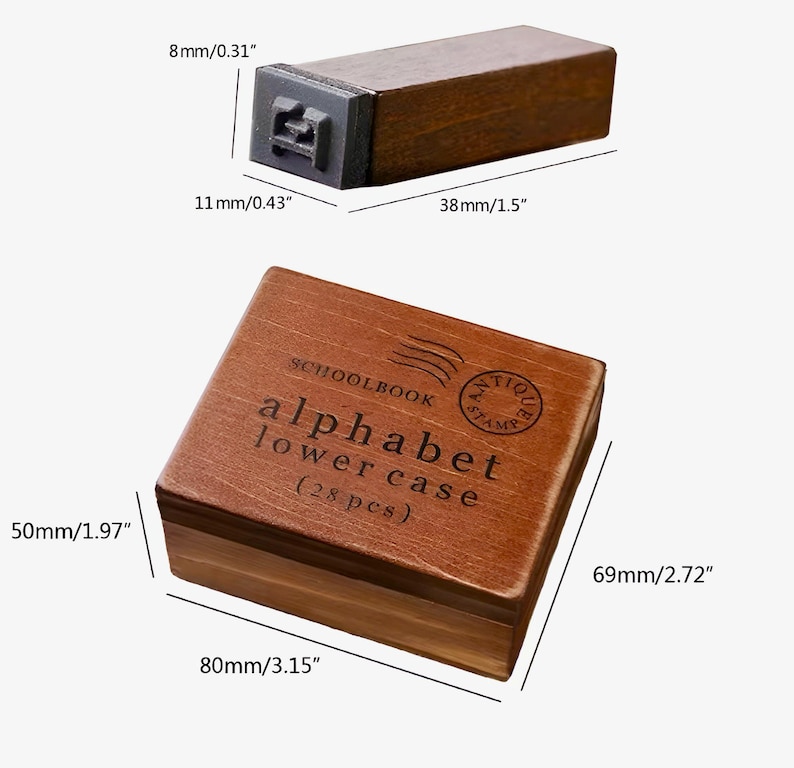 May include: A wooden box containing 28 lowercase alphabet stamps. The box is brown with a label that reads "SCHOOLBOOK ANTIQUE STAMP alphabet lowercase (28 pcs)". The box measures 3.15 inches by 2.72 inches by 1.97 inches.