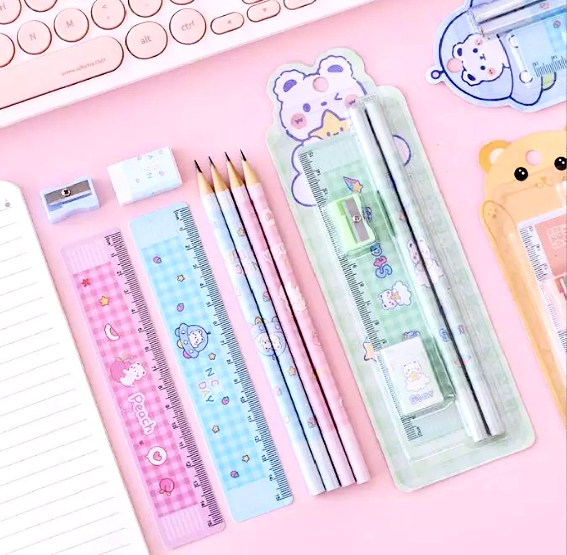 Kawaii stationery set for kids Cute pencil case for girls ruler eraser  Children gift Office School Supplies