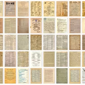 Może przedstawiać: Kolekcja 48 vintage'owych, postarzanych i fakturowanych stron papieru. Strony są w r&oacute;żnych rozmiarach i kształtach, a także mają r&oacute;żne faktury, w tym gładkie, szorstkie i pomarszczone. Niekt&oacute;re strony mają nadrukowany tekst, a inne są puste. Strony idealnie nadają się do scrapbookingu, tworzenia kartek i innych prac papierowych.
