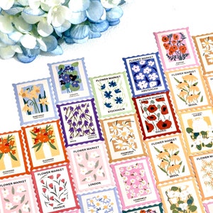 Floral Stamp Stickers - 46 Decorative Sticker Set - Scrapbook Supplies - Crafting Stickers - Penpal Supplies - Diary Stickers - Collage