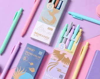 May include: Five packs of gel pens with a phoenix design on the packaging. The pens are in pastel colors and the packaging has the words "Morandi", "Macaron", and "Retro Color" on it.