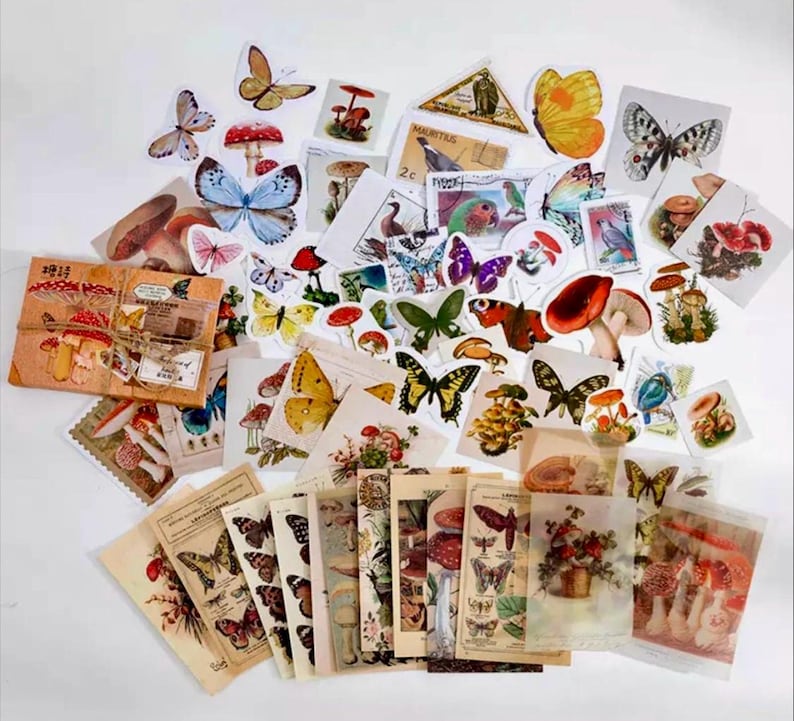 Pode incluir: Uma cole&ccedil;&atilde;o de adesivos de estilo vintage com borboletas, cogumelos e outros designs inspirados na natureza. Os adesivos s&atilde;o impressos em papel branco e t&ecirc;m um visual ligeiramente desgastado. Alguns dos adesivos t&ecirc;m um design de carimbo vintage.