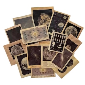 May include: A collection of vintage ephemera featuring illustrations of planets, moons, and stars. The cards are printed on aged paper with a cream background and feature black and white illustrations. The text on the cards is in German.