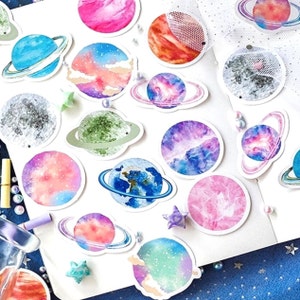 Colourful Planet Stickers - Scrapbook Stickers - 45 Aesthetic Stickers - Journalling Supplies - Kids Crafting Supplies - Decorative Stickers