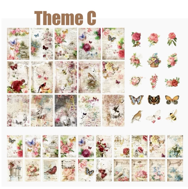 May include: A set of 36 digital papers featuring a vintage aesthetic with floral patterns, butterflies, birds, and cages. The papers are in shades of pink, blue, green, and brown.
