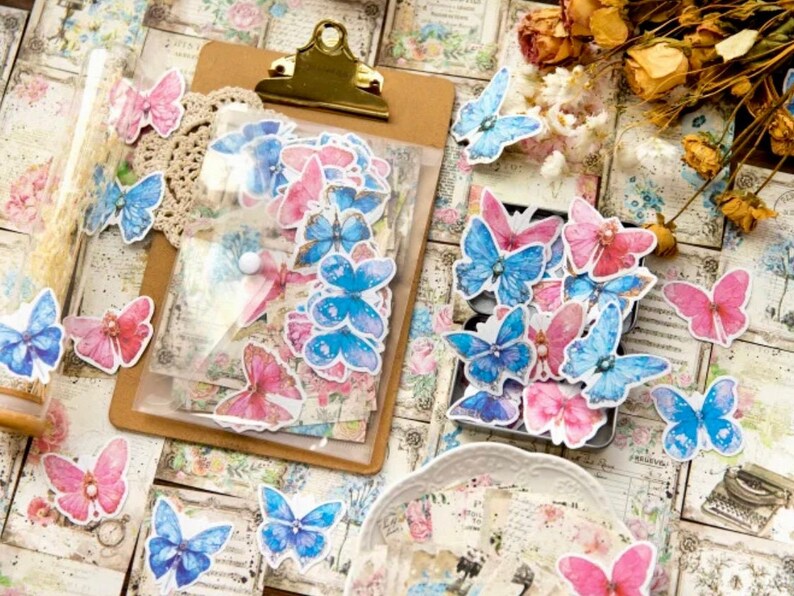 May include: A sheet of colorful butterfly stickers with blue and pink butterflies. The stickers are arranged in a clear plastic bag and on a brown clipboard. The stickers are perfect for scrapbooking, journaling, and other craft projects.