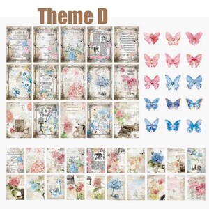May include: A set of 36 vintage-style scrapbook paper sheets featuring floral designs, text, and butterflies. The papers are in shades of pink, blue, and white with a distressed, aged look.