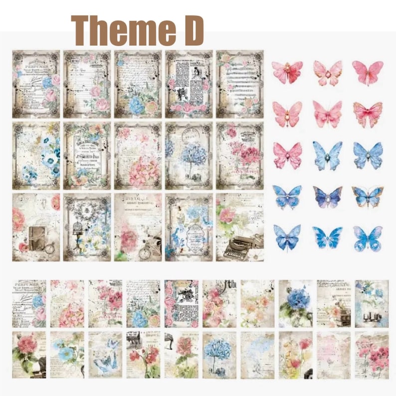 May include: A set of 36 vintage-style scrapbook paper sheets featuring floral designs, text, and butterflies. The papers are in shades of pink, blue, and white with a distressed, aged look.
