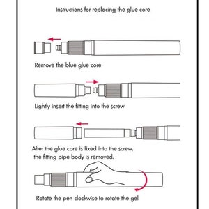 Puede incluir: Instrucciones para reemplazar el n&uacute;cleo de pegamento de un bol&iacute;grafo de pegamento. Las instrucciones muestran c&oacute;mo quitar el n&uacute;cleo de pegamento azul, insertar un n&uacute;cleo nuevo y girar el bol&iacute;grafo para distribuir el pegamento.