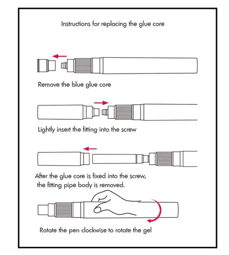 Puede incluir: Instrucciones para reemplazar el n&uacute;cleo de pegamento de un bol&iacute;grafo de pegamento. Las instrucciones muestran c&oacute;mo quitar el n&uacute;cleo de pegamento azul, insertar un n&uacute;cleo nuevo y girar el bol&iacute;grafo para distribuir el pegamento.
