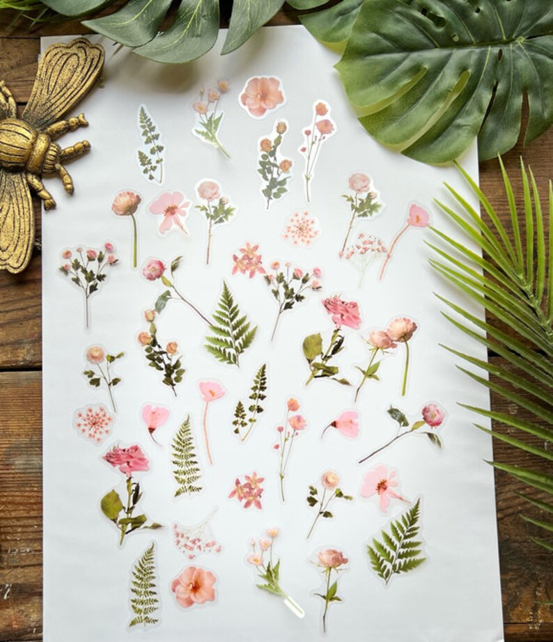 40 Pressed Flower Stickers 4 Colour Choices Scrapbook Etsy