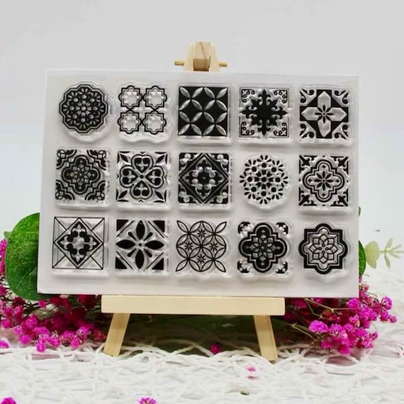 Retro Tile Stamp Set 15 Silicone Stamps Craft Supplies Scrapbook Stamps  Jewellery Making Supplies Card Making Stamps Collage 