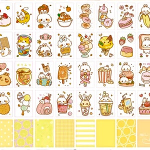 以下が含まれることがあります： かわいい漫画のウサギと様々な食べ物や飲み物を描いたカラフルなステッカーのシート。ステッカーは白い背景にあり、黄色と白のパターンのボーダーが付いています。
