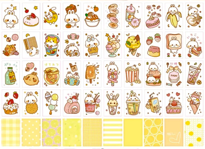 以下が含まれることがあります： かわいい漫画のウサギと様々な食べ物や飲み物を描いたカラフルなステッカーのシート。ステッカーは白い背景にあり、黄色と白のパターンのボーダーが付いています。