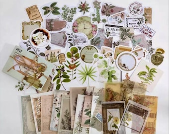 May include: A collection of vintage-style paper ephemera stickers with floral, botanical, and geometric designs. The stickers feature a variety of colors, including green, brown, white, and blue. The stickers are perfect for adding a touch of vintage charm to your crafts, journals, and planners.