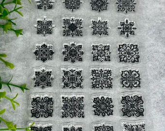 Retro Tile Stamp Set - Scrapbook Supplies - 15 Silicone Stamps - Card Making Stamps - Journaling Supplies - Craft Stamps - Collage Supplies