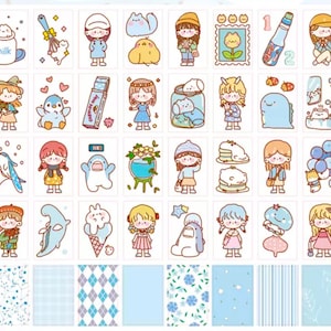 以下が含まれることがあります： 動物、人、食べ物などのかわいい漫画のキャラクターが描かれた、青と白の40枚のステッカーセット。ジャーナル、プランナー、ラップトップなどに遊び心を加えるのに最適です。