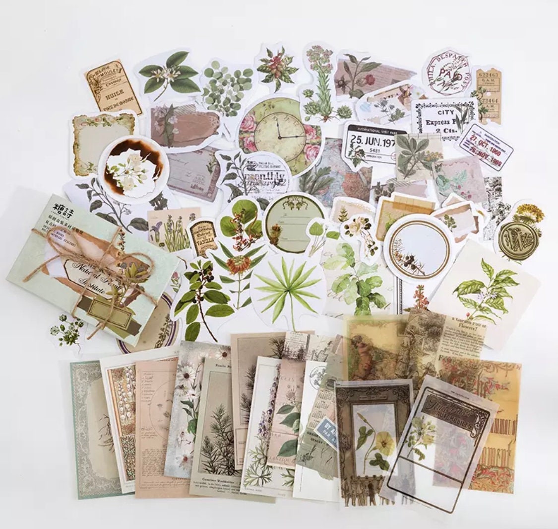 Vintage Scrapbook Kits for Adults & Kids,Decorative Plants Floral Butterfly Retro Paper Decals Nature Collection for Junk Journal DIY Arts Crafts