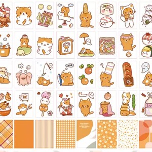 以下が含まれることがあります： 様々なポーズと設定でかわいい漫画の猫を描いたステッカーシート。ステッカーはオレンジ、ブラウン、ホワイト、ピンクなど、さまざまな色があります。ステッカーは、プランナー、ジャーナル、またはラップトップに遊び心のあるタッチを加えるのに最適です。