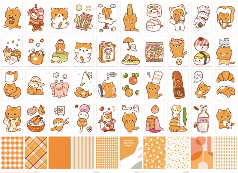 以下が含まれることがあります： 様々なポーズと設定でかわいい漫画の猫を描いたステッカーシート。ステッカーはオレンジ、ブラウン、ホワイト、ピンクなど、さまざまな色があります。ステッカーは、プランナー、ジャーナル、またはラップトップに遊び心のあるタッチを加えるのに最適です。