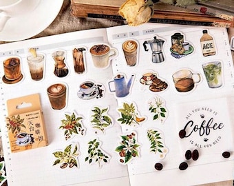 Juego de 46 pegatinas de café - Materiales para diarios - Materiales para álbumes de recortes - Manualidades - Pegatinas para tarjetas - Pegatinas decorativas - Pegatinas para agendas