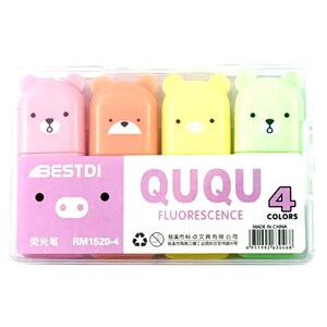 May include: A set of four pastel-colored highlighters with cute animal faces. The highlighters are labeled "QUQU FLUORESCENCE 4 COLORS" and "BESTDI RM1520-4".