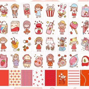 以下が含まれることがあります： かわいい漫画のキャラクター、食べ物、パターンをフィーチャーした、カラフルなステッカー48個セット。ジャーナル、プランナー、ラップトップなどのデコレーションに最適です。