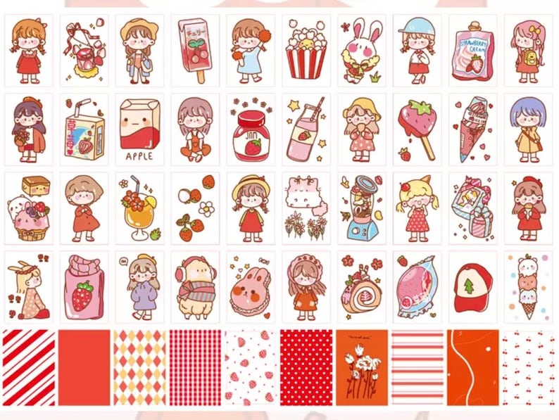 以下が含まれることがあります： かわいい漫画のキャラクター、食べ物、パターンをフィーチャーした、カラフルなステッカー48個セット。ジャーナル、プランナー、ラップトップなどのデコレーションに最適です。