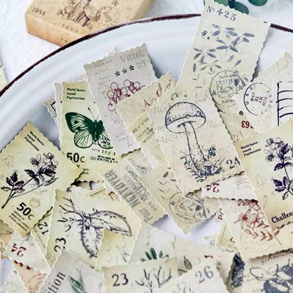 Little Forest Stamp Stickers - Scrapbook Supplies - 46 Junk Journalling Stickers - Envelope Embellishments - Card Making Supplies - Collage