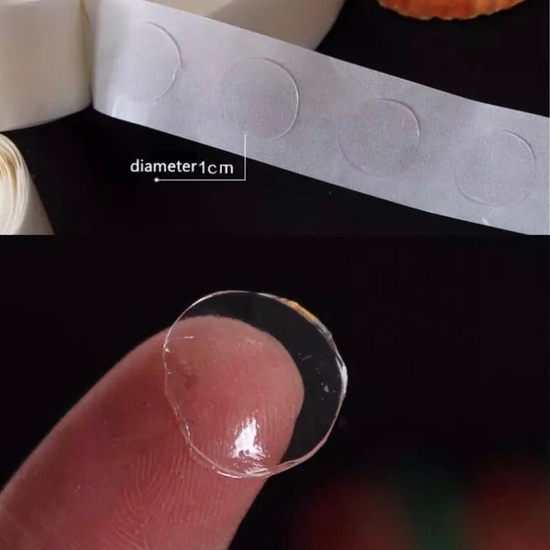 May include: Roll of clear adhesive dots on a white backing. Each dot is 1 cm in diameter. A close-up shows a single dot on a finger.