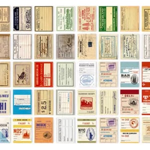 Może przedstawiać: Zestaw 48 vintage'owych etykiet bagażowych z r&oacute;żnymi wzorami i tekstami, w tym nazwami miast, logo linii lotniczych i frazami związanymi z podr&oacute;żami. Etykiety są wydrukowane na kremowym papierze z efektem postarzenia.