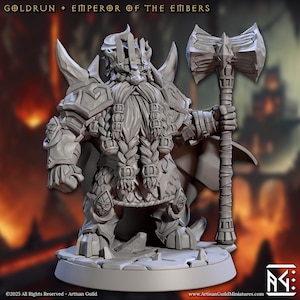 Goldrun – Dwarf Emperor of the Embers 32mm Fantasy Miniature with Axe & Heavy Armor for DnD, Pathfinder, Wargames – Unpainted Artisan Guild