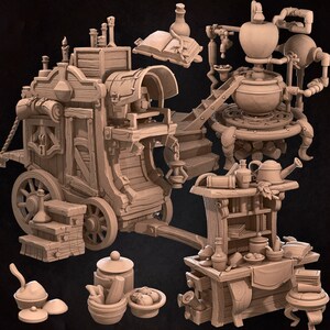 Alchemy Set, Merchant Cart. Potion Seller Terrain , Bite the Bullet , Tabletop RPG , DnD , Pathfinder , 3D Printed Miniatures