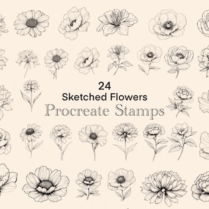 Set mit 24 Blumenstempeln, Floral Procreate Brushes, kommerzielle Lizenz inbegriffen