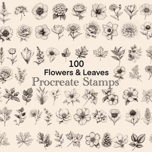Set of 100 Flower & Leaves Stamps, Floral Procreate Brushes, Commercial Licence included