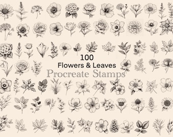 Set of 100 Flower & Leaves Stamps, Floral Procreate Brushes, Commercial Licence included