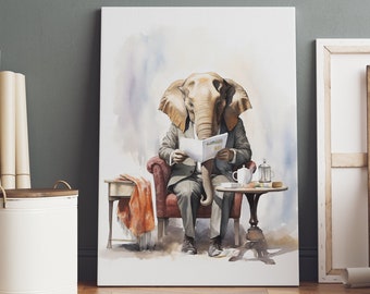 Caffeinated Chronicles: The Elephant's Morning Ritual in Watercolor |  Funny animal wall art |  Coffee bar poster |  Digital Download