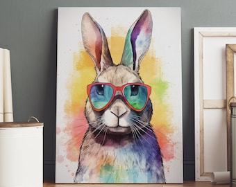 Watercolor Rabbit Art Sunglass Hop | Digital Print | Bunny portret | Bunny Rabbit Wall Art Print | Funny Bunny | Funky Rabbit |