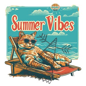 Summer Vibes Cat SVG | Chill Cat on Beach PNG, PSD Digital File | High-Quality Artwork for Apparel, Posters, and Decor