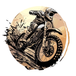 May include: Black and white illustration of a motocross rider on a motorcycle, with sepia accents. The rider wears a helmet and riding gear. The motorcycle is creating a spray of dirt and dust, set against a sepia-toned circular backdrop.