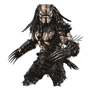 May include: A black and brown Predator figure with dreadlocks, a mask, and a weapon. The figure is standing in a fighting pose with its claws extended.