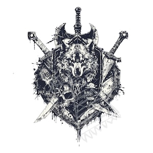 May include: A black and white illustration of a wolf's head surrounded by swords, axes, and skulls. The image has a grunge aesthetic with splattered paint.
